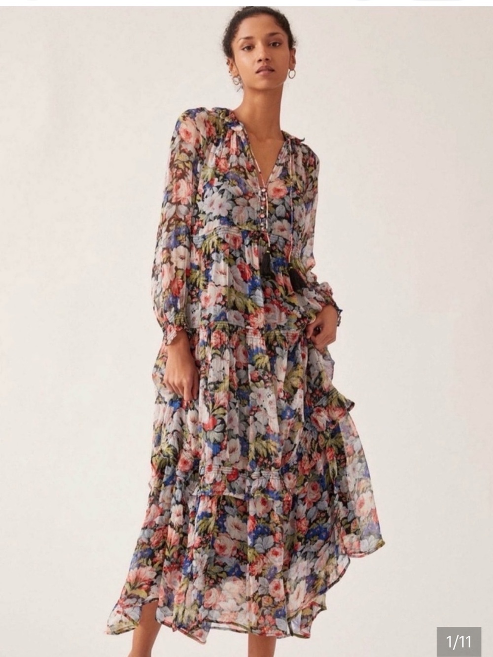 Anthropologie Floral Long Sleeve Maxi Dress - Black Multi